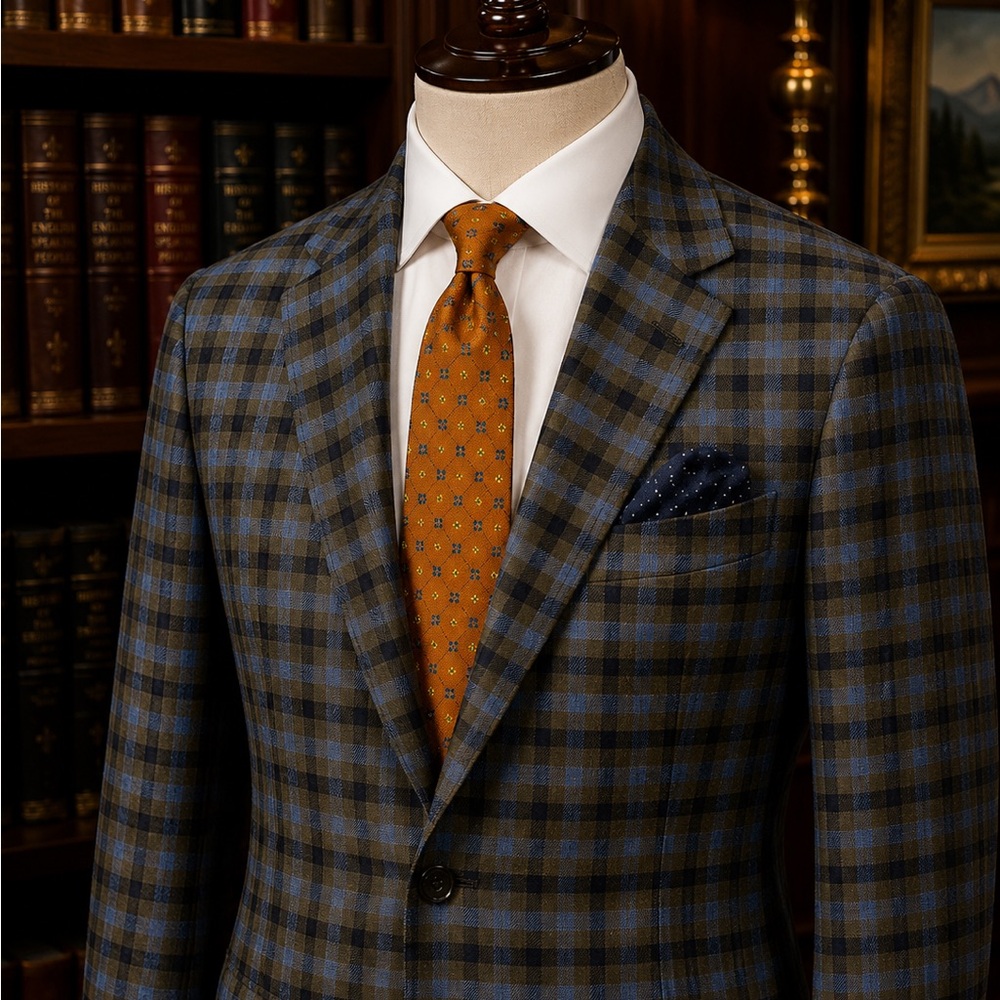 Kiton 100% Cashmere Blue/Brown/Olive Checked Blazer & Luciano Barbera Wool Tie